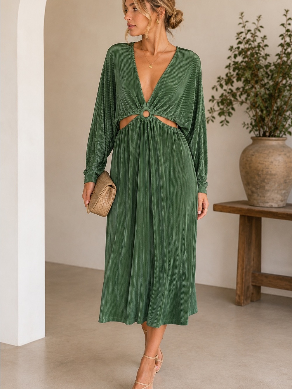 ACOA Sage Green Pleated Cutout Midi Dress | Boutique Long Sleeve